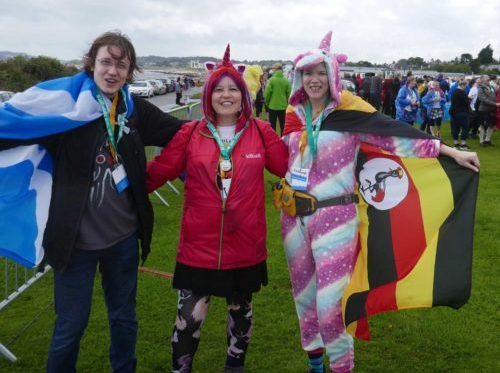 Uphill tartan unicorns at the kiltwalk finish