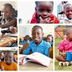 collage of pupil faces at uphill junior school in Uganda