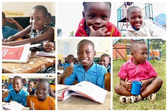 collage of pupil faces at uphill junior school in Uganda