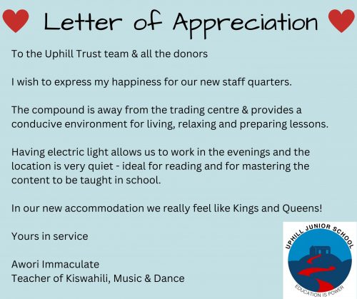 letter of appreciation for the new staff accommodation at uphill