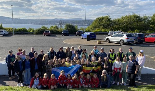 Newport Brownies and Rainbows plus helpers and family gather for a photo before the start of the walk across the Tay Road Bridge