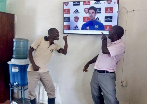 Photo of new satellite TV in the uphill school staff room with delighted staff members
